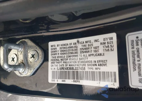 2008 Honda Cr-V Lx z USA, uszkodzony, nr VIN 5J6RE48368L037458